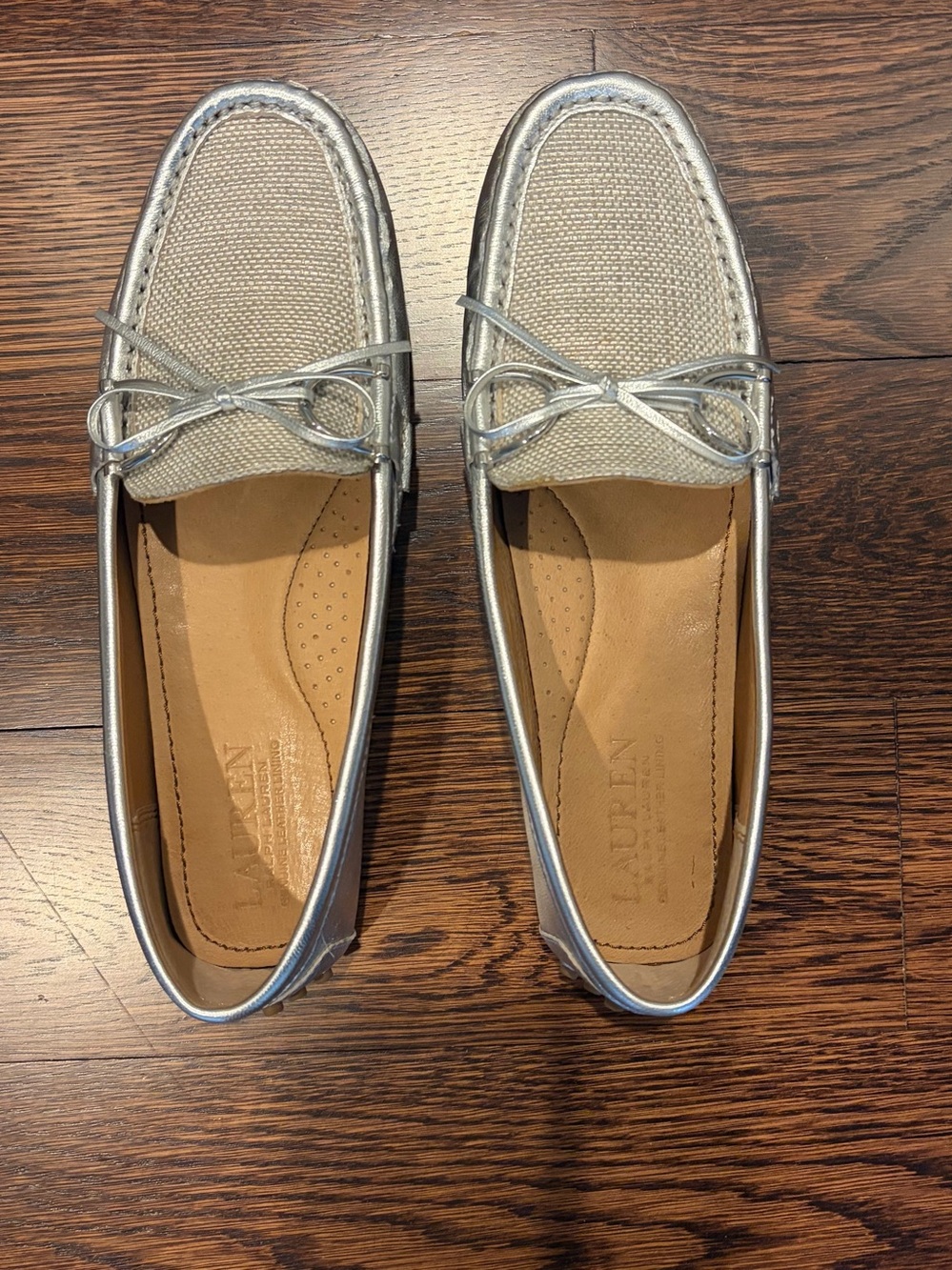 Ralph Lauren Silver Metallic Canvas Bow Loafers